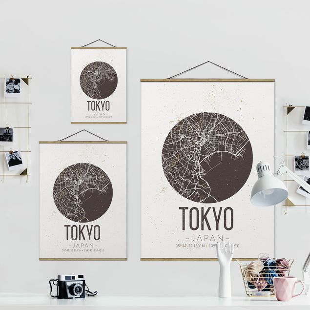 Stoffbild mit Posterleisten - Stadtplan Tokyo - Retro - Hochformat 3:4
