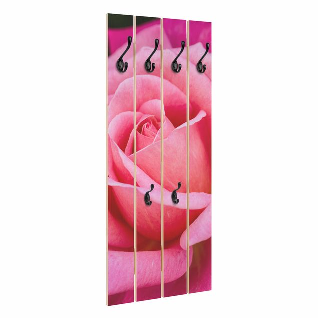 Wandgarderobe Holz - Pinke Rosenblüte vor Grün - Haken chrom Hochformat