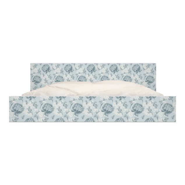 Möbelfolie für IKEA Malm Bett niedrig 180x200cm - Klebefolie Hortensia pattern in blue