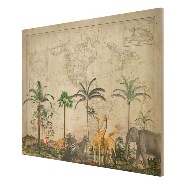 Holzbild - Vintage Collage - Tierwelt auf Weltkarte - Querformat 3:4