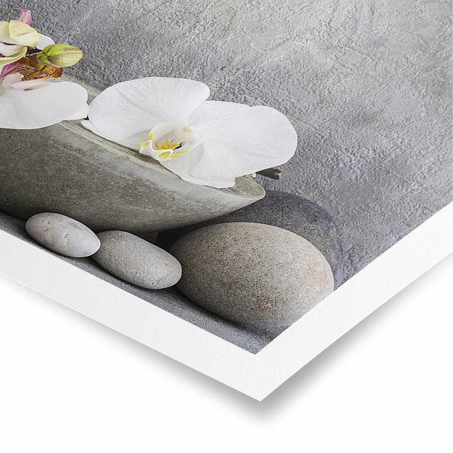 Poster - Zen Buddha mit weißen Orchideen - Panorama Querformat