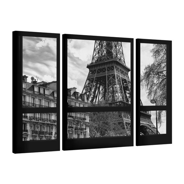 Leinwandbild 3-teilig - Fensterausblick Paris - Nahe am Eiffelturm schwarz weiß - Triptychon