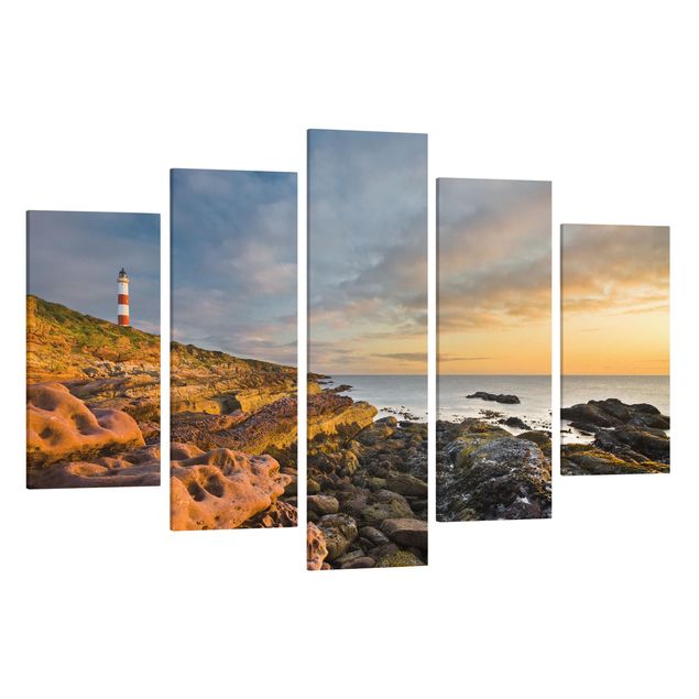 Leinwandbild 5-teilig - Tarbat Ness Meer & Leuchtturm bei Sonnenuntergang