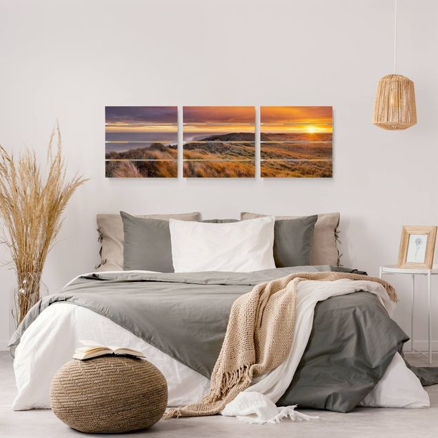 Holzbild 3-teilig - Sonnenaufgang am Strand auf Sylt - Quadrate 1:1