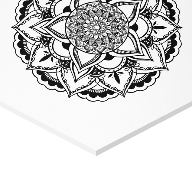 Hexagon Bild Forex 3-teilig - Mandala Blüte Sonne Illustration Set Schwarz Weiß