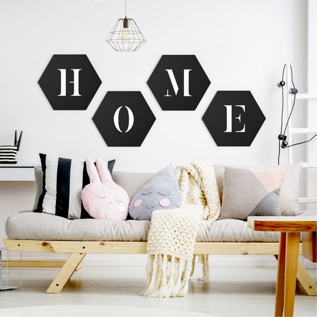 Hexagon Bild Forex 4-teilig - Buchstaben HOME Weiß Set II