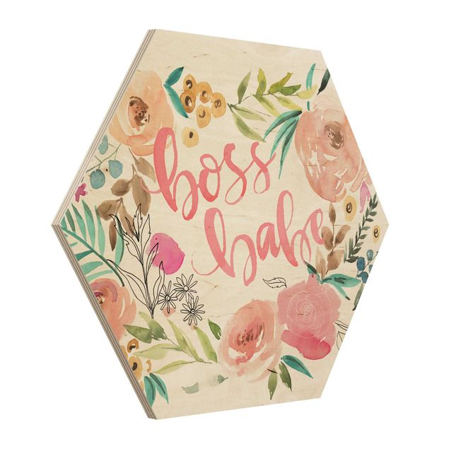 Hexagon Bild Holz - Rosa Blüten - Boss Babe