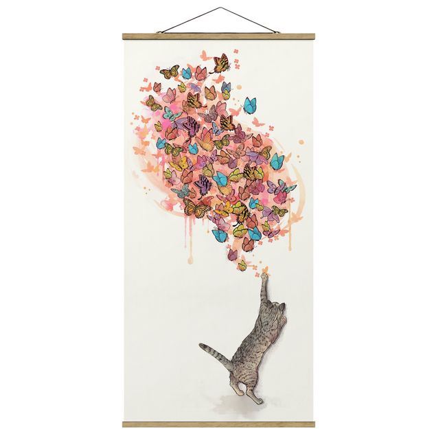 Stoffbild mit Posterleisten - Laura Graves - Illustration Katze mit bunten Schmetterlingen Malerei - Hochformat 1:2