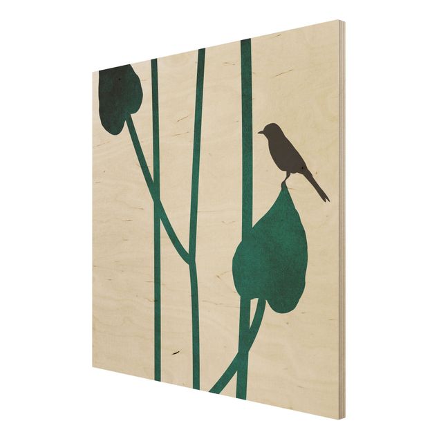 Holzbild - Grafische Pflanzenwelt - Vogel auf Blatt - Quadrat 1:1