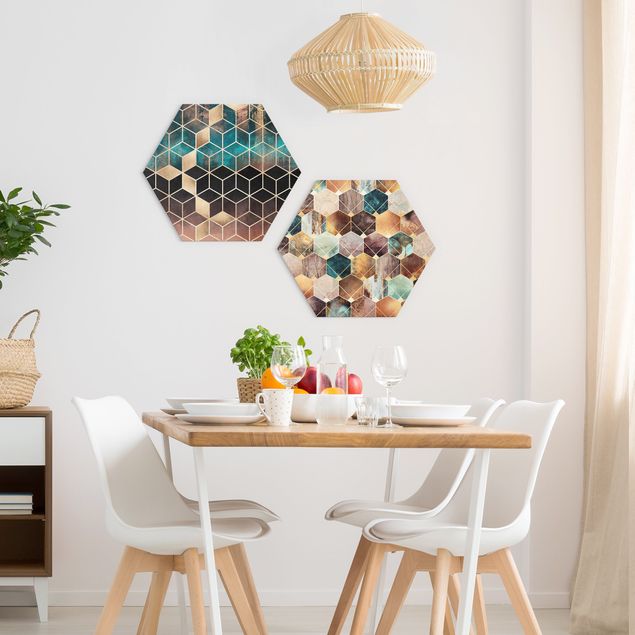 Hexagon Bild Alu-Dibond 2-teilig - Elisabeth Fredriksson - Türkise Geometrie goldenes Art Deco Set