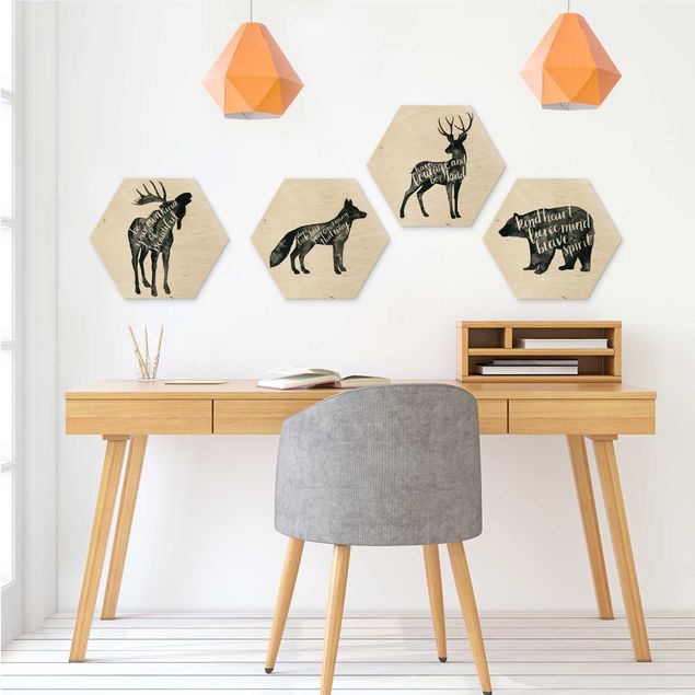 Hexagon Bild Holz 4-teilig - Tiere mit Weisheit Set I