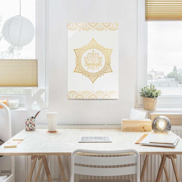 Glasbild - Mandala Lotus Illustration Ornament weiß gold - Querformat 2:3