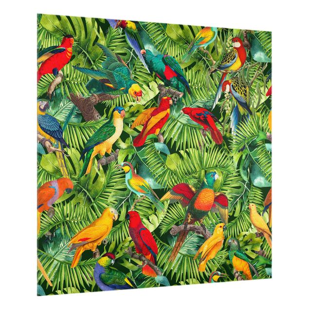 Spritzschutz Glas - Bunte Collage - Papageien im Dschungel - Quadrat 1:1