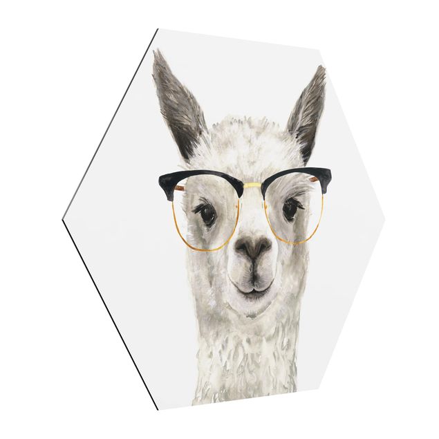 Hexagon Bild Alu-Dibond - Hippes Lama mit Brille I