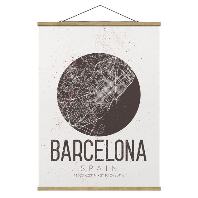 Stoffbild mit Posterleisten - Stadtplan Barcelona - Retro - Hochformat 3:4