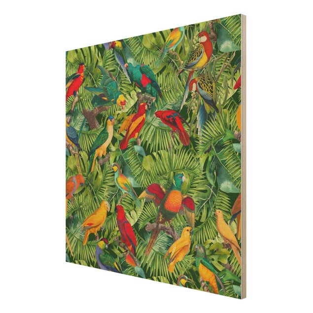 Holzbild - Bunte Collage - Papageien im Dschungel - Quadrat 1:1