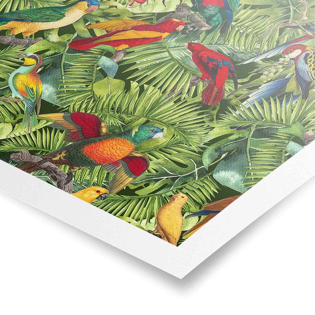 Poster - Bunte Collage - Papageien im Dschungel - Querformat 3:4
