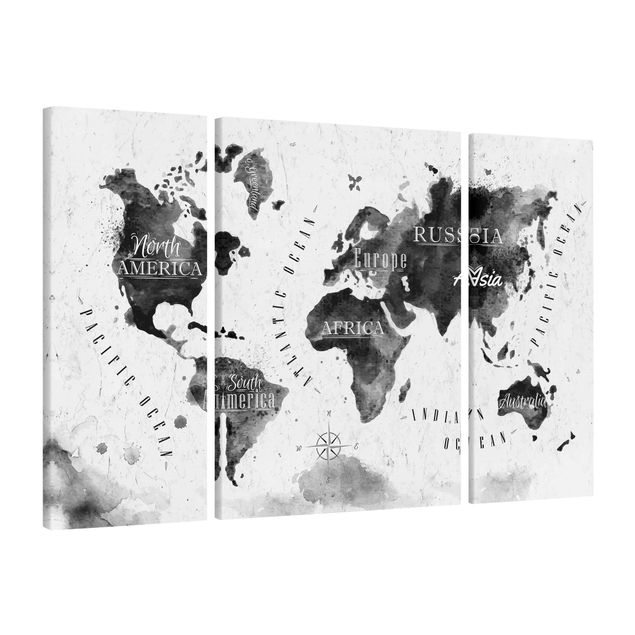 Leinwandbild 3-teilig - Weltkarte Aquarell schwarz - Tryptichon