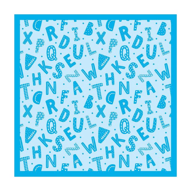 Vinyl-Teppich - Alphabet mit Herzen und Punkten in Blau mit Rahmen - Quadrat 1:1