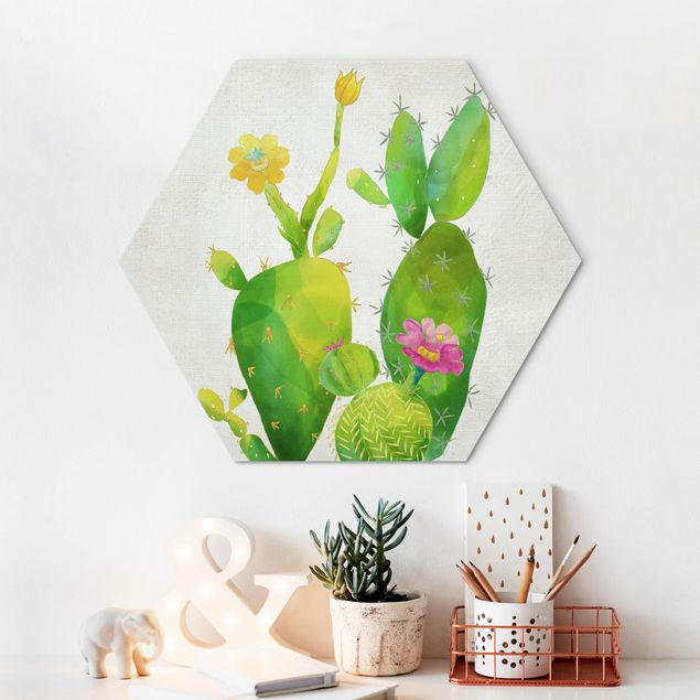 Hexagon Bild Alu-Dibond - Kaktusfamilie rosa gelb
