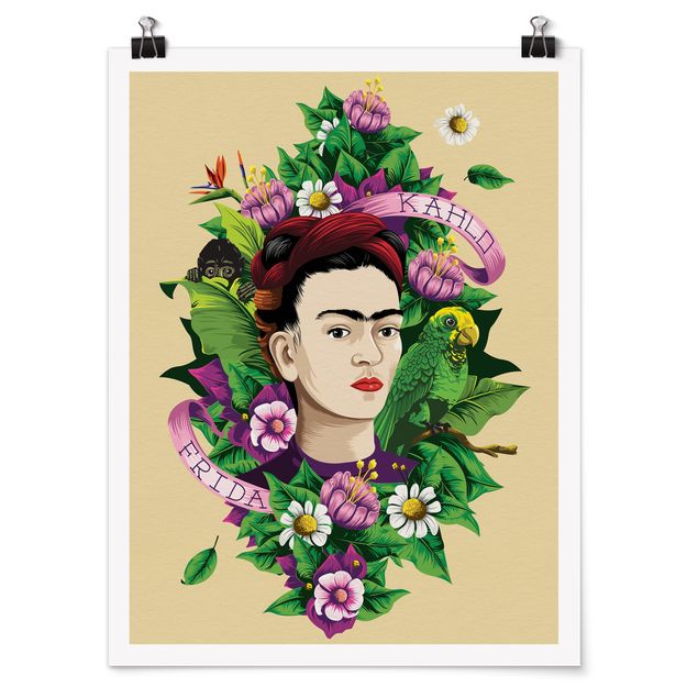 Poster - Frida Kahlo - Frida, Äffchen und Papagei - Hochformat 3:4