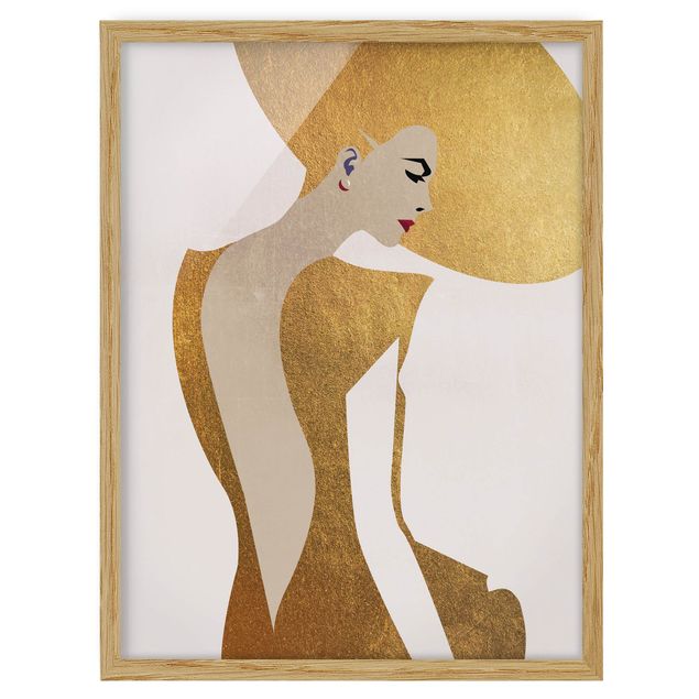 Bild mit Rahmen - Dame mit Hut in Gold - Hochformat