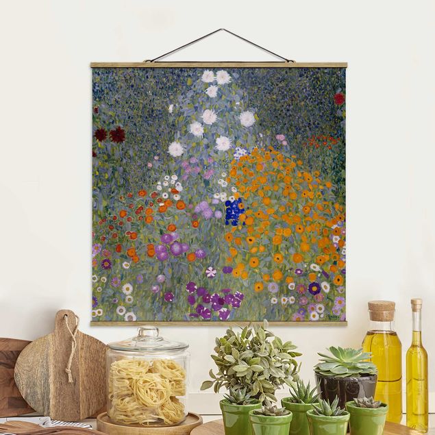 Stoffbild mit Posterleisten - Gustav Klimt - Bauerngarten - Quadrat 1:1
