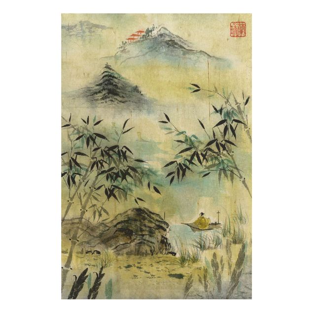 Holzbild - Japanische Aquarell Zeichnung Bambuswald - Hochformat 3:2
