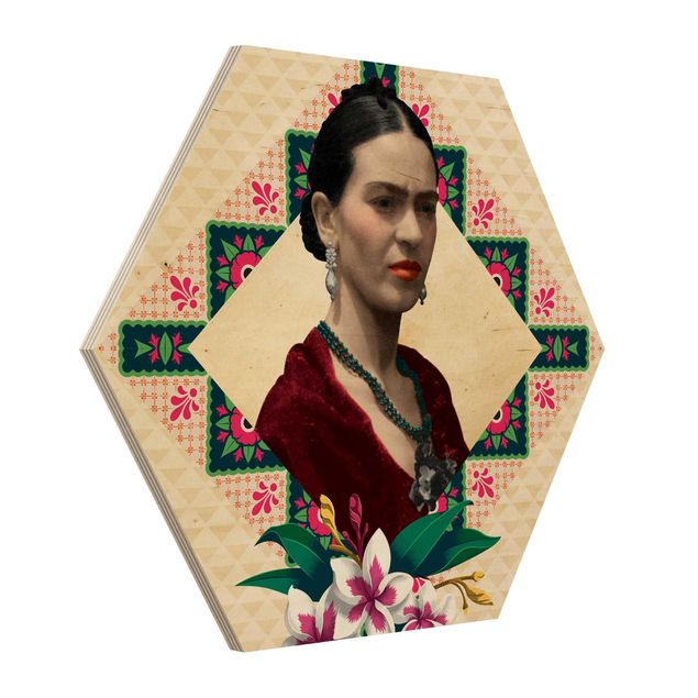 Hexagon Bild Holz - Frida Kahlo - Blumen und Geometrie