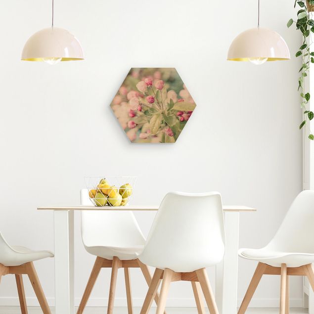 Hexagon Bild Holz - Apfelblüte Bokeh rosa