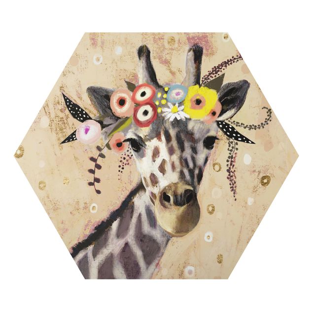 Hexagon Bild Alu-Dibond - Klimt Giraffe