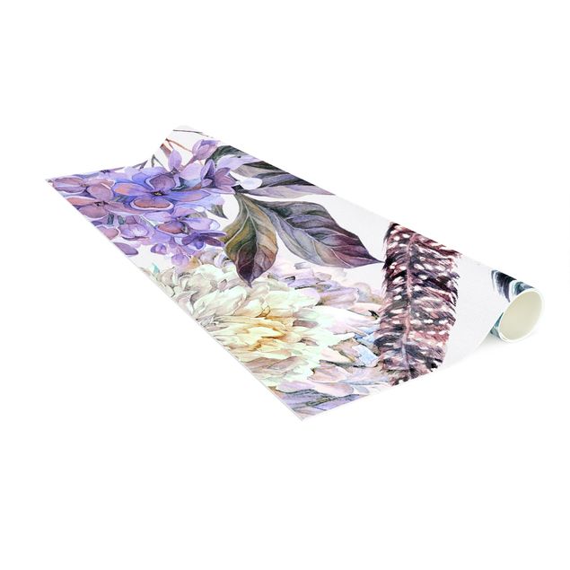 Teppich pastell Zartes Aquarell Boho Blüten und Federn Muster