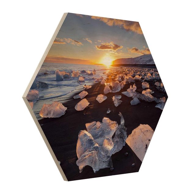 Hexagon Bild Holz - Eisbrocken am Strand Island
