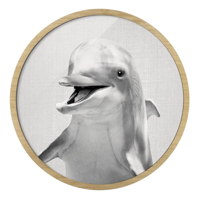 Rundes Gerahmtes Bild - Delfin Diddi Schwarz Weiß