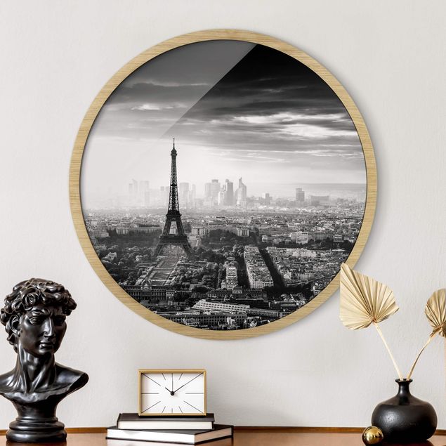 Gerahmte Bilder Rund Der Eiffelturm von Oben Schwarz-weiß