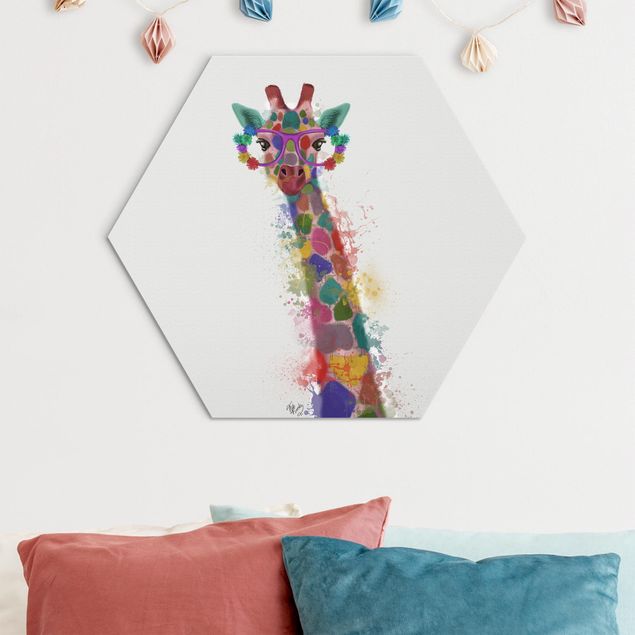 Hexagon Bild Alu-Dibond - Regenbogen Splash Giraffe