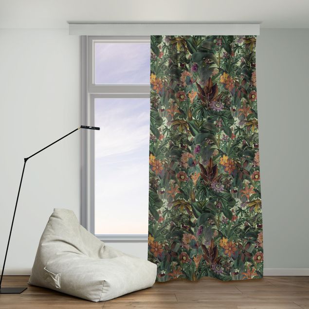 Vorhang modern Dschungel Blätter und Blüten in Orange und Grün