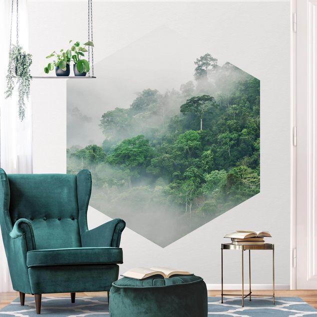 Hexagon Mustertapete selbstklebend - Dschungel im Nebel