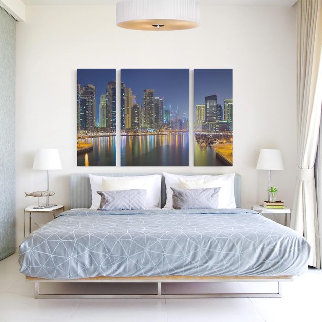 Leinwandbild 3-teilig - Dubai Nacht Skyline - Triptychon