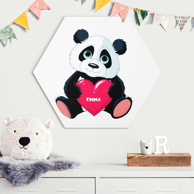 Hexagon Bild Alu-Dibond mit Wunschtext - Panda mit Herz