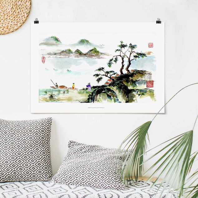 Poster - Japanische Aquarell Zeichnung See und Berge - Querformat 2:3