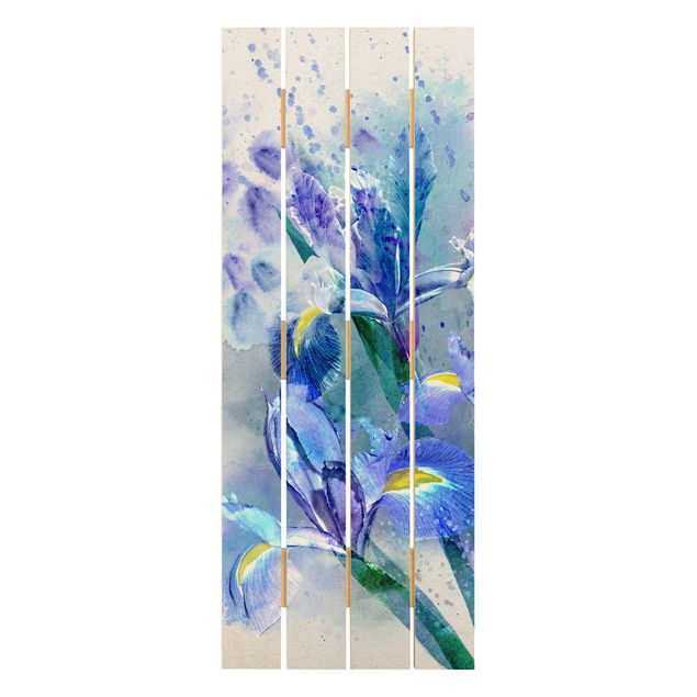 Holzbild - Aquarell Blumen Iris - Hochformat 5:2