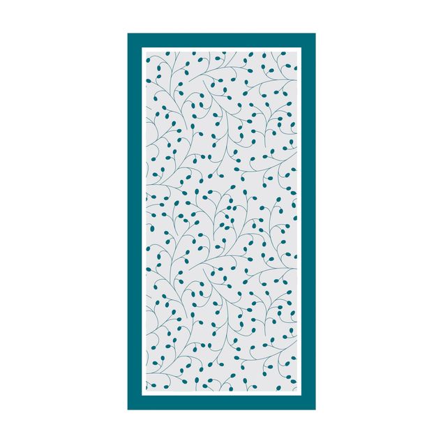 Teppich Esszimmer Zarte Zweige Muster mit Punkten in Petrol mit Rahmen