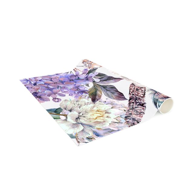 Pastell Teppich Zartes Aquarell Boho Blüten und Federn Muster