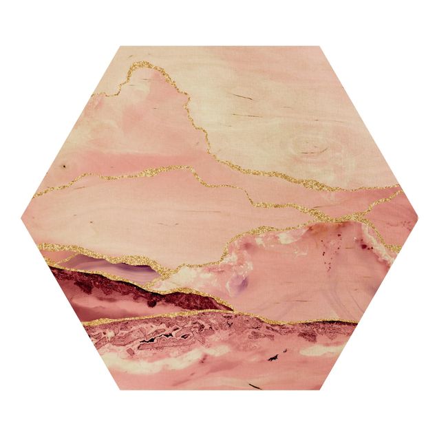 Hexagon Bild Holz - Abstrakte Berge Rosa mit Goldenen Linien