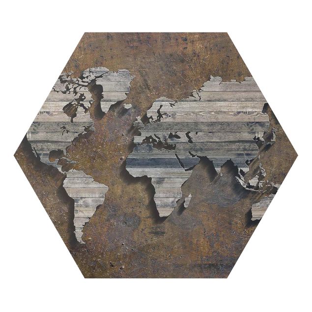 Hexagon Bild Alu-Dibond - Holz Rost Weltkarte