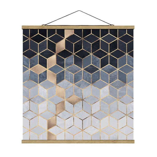 Stoffbild mit Posterleisten - Elisabeth Fredriksson - Blau Weiß goldene Geometrie - Quadrat 1:1