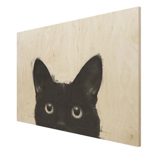 Holzbild - Illustration Schwarze Katze auf Weiß Malerei - Querformat 2:3