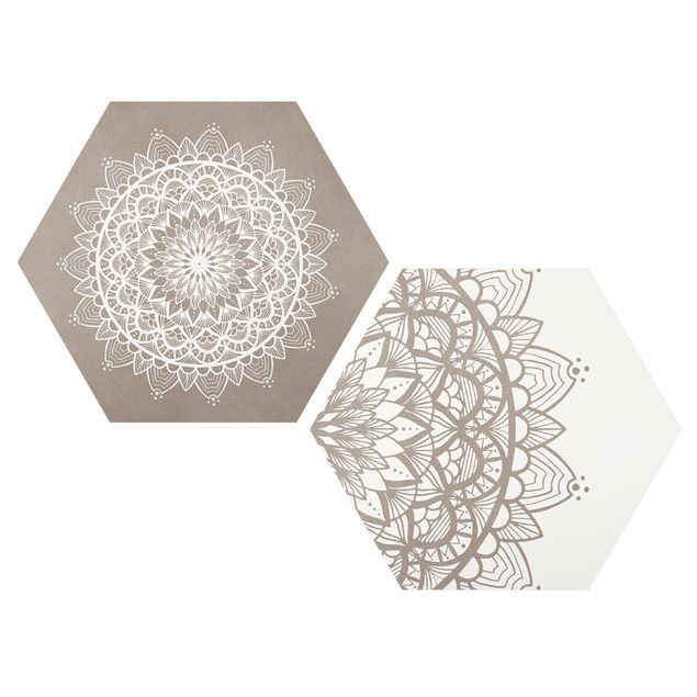 Hexagon Bild Forex 2-teilig - Mandala Illustration shabby Set beige weiß