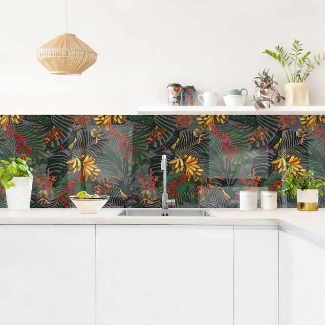 Küchenrückwand - Tropische Farne mit Tucan Grün